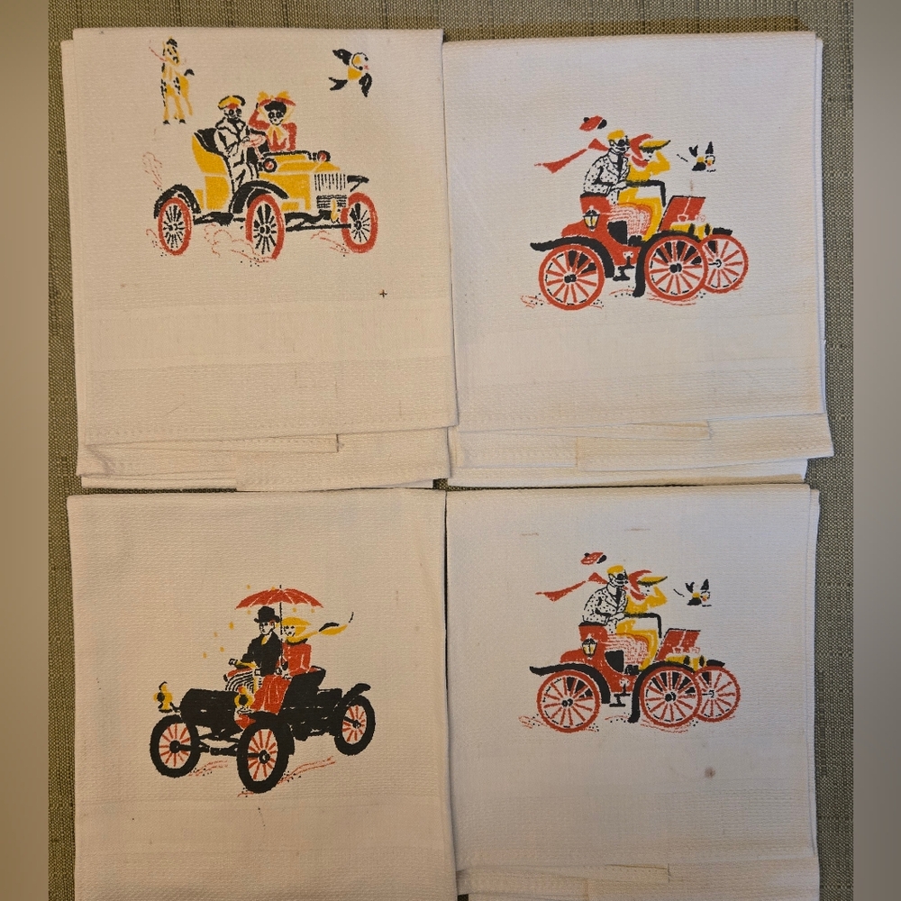 Set Of‎ 4 Vintage 1970s Canon Kitchen Towels Antique Cars Original Tag. *READ